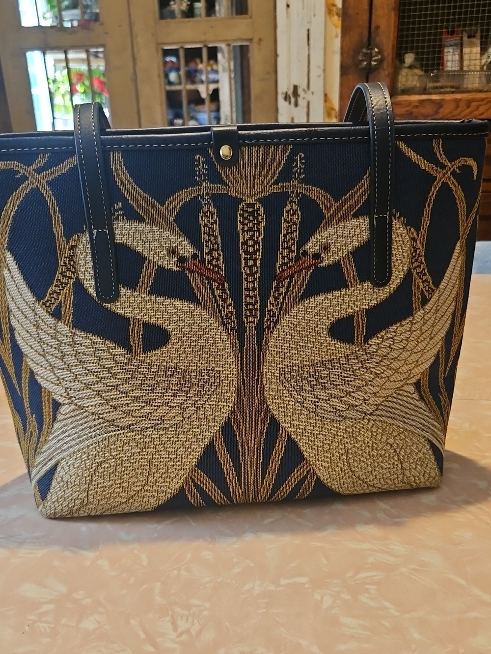 Elegant Navy Tote Bag with Gold Crane Embroidery